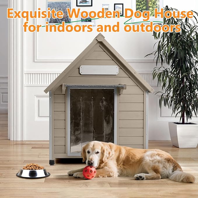 Large Dog House Outdoor Weatherproof, Wooden Dog Kennel Shelter with Anti-Chewing Iron Frame, Removable Floor for Medium to Large Dogs, Easy Clean and Assemble (30.5" L*37.4" W*39.3" H)-Mewly Pet