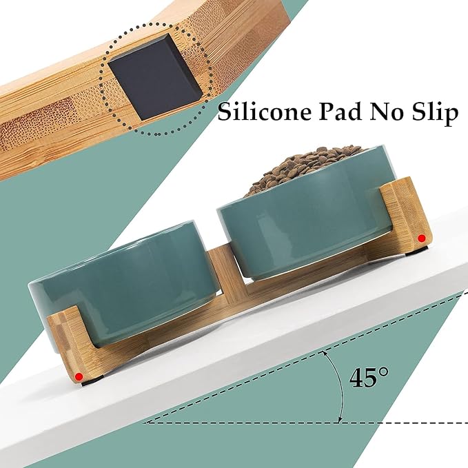 SPUNKYJUNKY Ceramic Dog and Cat Bowl Set with Wooden Stand, Modern Cute Weighted Food Water Set for Small Size Dogs (13.5OZ) & Medium Sized Dogs (28.7OZ) & Cats (3.6 Cups, 2 × Light Green)-Mewly Pet