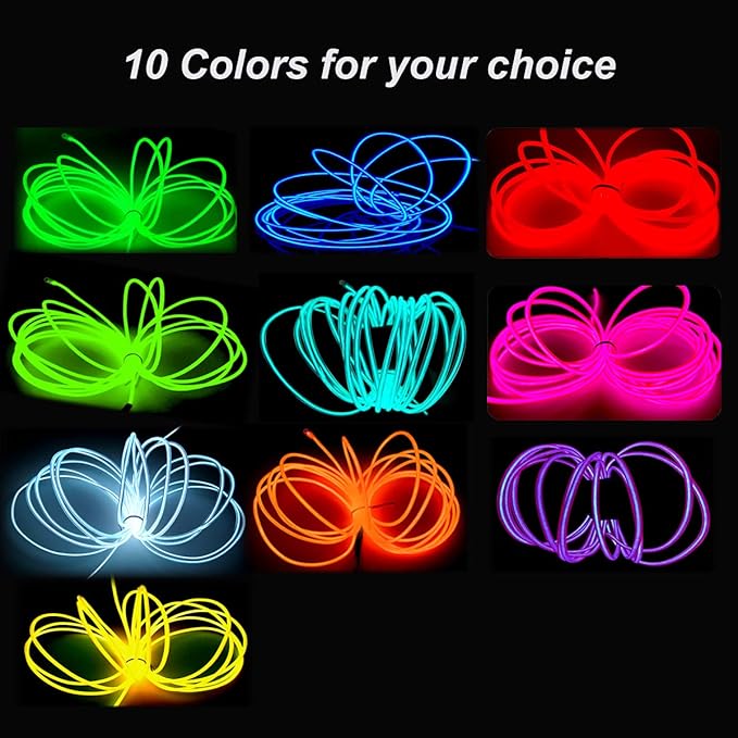 MaxLax EL Wire Blue, 16.4ft/5m Portable Battery Pack Neon Light Strip 360° Cuttable Glowing Rope Lights for Parties, Halloween, DIY Decoration