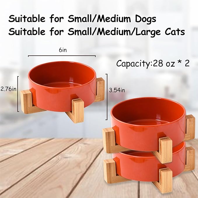 Petygooing Ceramic Dog Cat Bowl Set with Stand - Medium Dog Bowls, Anti-Slip Set of 2 - 28 OZ /3.6 Cups - Rust Red-Mewly Pet
