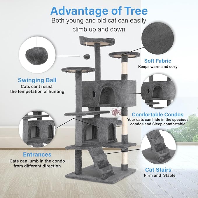 FDW Cat Tree 54in Cat Tower Multi-Level Durable Cat Scratching Post & Cozy Fun Cat Jumping Platform Space Saving Cat Condo Pet Play House for Indoor Cats,Light Gray-Mewly Pet