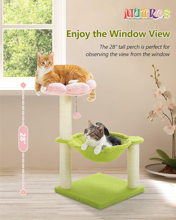 Flower Cat Tree, 28" Cat Tower with Cozy Flower Perch, Large Hammock for Indoor Small Cats, Cute Cat Tree with Sisal Scratching Post and Fur Toy Ball for Kittens, Pink-Mewly Pet
