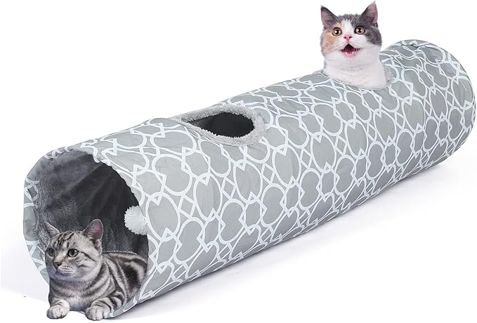 LUCKITTY Geometric Straight Cat Tunnel with Plush Inside,Cats Toys Collapsible Tunnel Tube with Balls, for Rabbits, Kittens, Ferrets,Puppy,Diameter 11.8 Inch-Mewly Pet