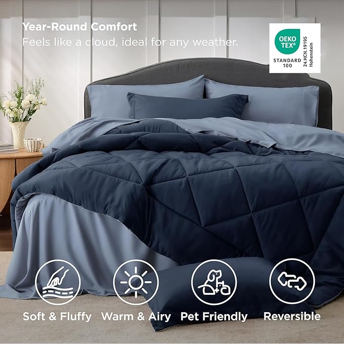 Bedsure Twin Comforter Set - 5 Pieces Reversible Navy Blue Bedding, Twin Size Bed Set for All Seasons, Bed in a Bag with Down Alternative Comforter, Sheets, Pillowcase & Sham