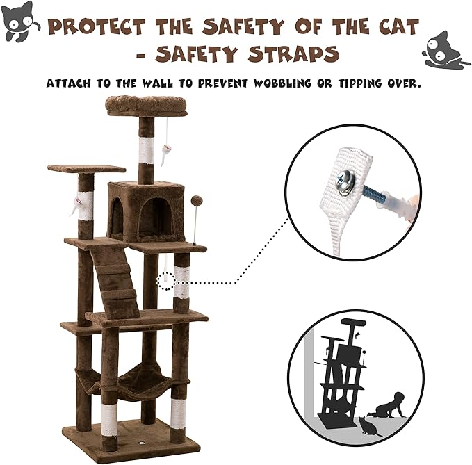 MWPO 63.8 inches Multi-Level Cat Tree for Large Cats with Sisal-Covered Scratching Posts, Padded Platform, Hammock and Condo,Stable Cat Tower Cat Condo Pet Play House (Brown)-Mewly Pet