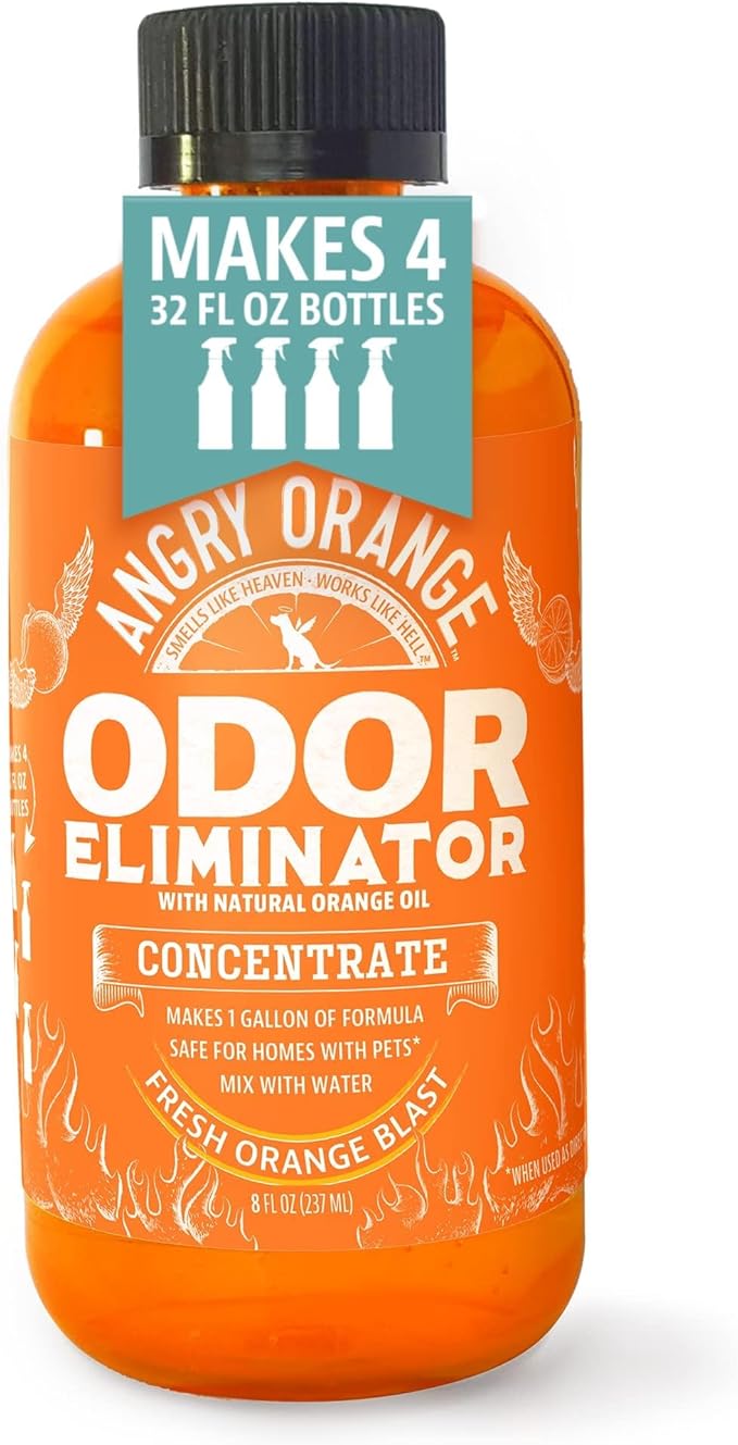 Angry Orange Pet Odor Eliminator for Home - 8oz Dog and Cat Pee Smell Remover for Carpet, Grass, Tile and Furniture - Citrus Concentrate, Makes 128oz of Liquid-Mewly Pet