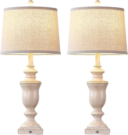 27.5" Set of 2 Farmhouse Table Lamps for Bedroom, 3 Way Dimmable Bedside Lamp with 2 USB +AC Outlet Nightstand Lamps for Living Room Resin Rustic Touch Lamps (Antique Beige)