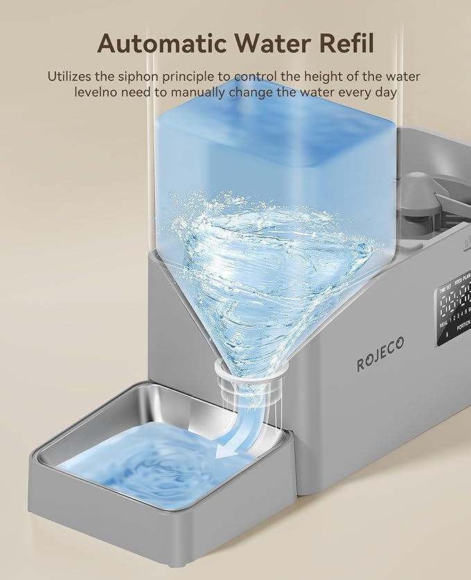 Rojeco 36Cups/8.5L Pet Automatic Cat Feeder and Gravity Water Dispenser,Stainless Steel Bowls 2-in-1 Set Large Capacity 5L Food Feeder and 3.5L Water Fountain for Cats,Pets,Small Dogs,Grey-Mewly Pet