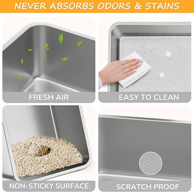 Stainless Steel cat Litter Box, Covered Metal Litter Box, cat Litter Pans with high Sides, Kitty Litter Boxes for Indoor Cats (Non Sticky, Easy to Clean, Anti-Urine Leakage) 17.5" L x 13.5" W x 6" H-Mewly Pet