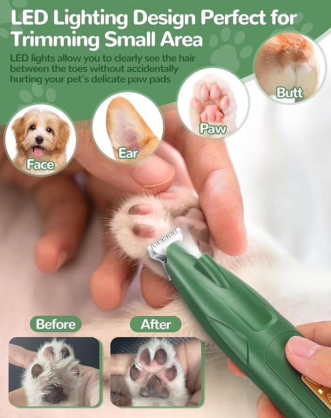 LEYOUFU Dog Paw Trimmer with LED Light, 2 Speed Dog Clippers for Grooming Small Dogs, Rechargeable Low Noise Pet Shaver for Trimming Dogs Cats Hair Around Paws, Eyes, Ears, Face, Rump-Mewly Pet