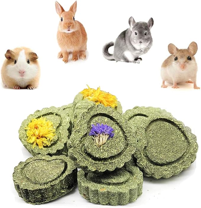 Bunny Chew Toys for Teeth, Natural Pet Chew Toy Hand Made Timothy Hay Cakes for Chinchilla Guinea Pig Hamsters Holland Lop Prairie Dogs Squirrels Gerbils Rabbit Chewing & Molar Teeth, 9.5oz-Mewly Pet