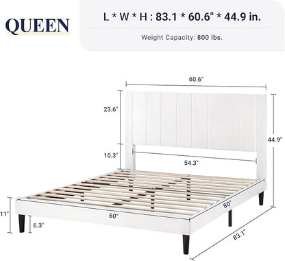 Allewie Queen Bed Frame/Velvet Upholstered Bed Frame with Vertical Channel Tufted Headboard/Strong Wooden Slats/Platform Bed Frame/Mattress Foundation/Box Spring Optional/Easy Assembly/White