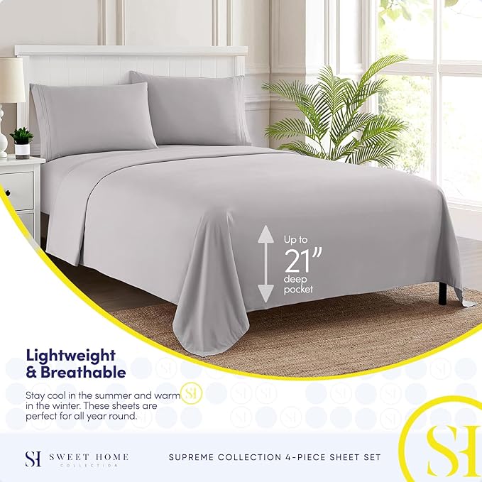 King Size Sheets - Breathable Luxury Bed Sheets with Full Elastic & Secure Corner Straps Built In - 1800 Supreme Collection Extra Soft Deep Pocket Bedding, Sheet Set, EXTRA DEEP pocket - King, Silver