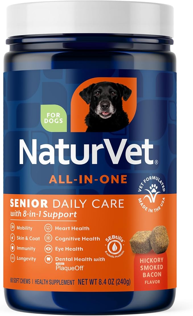 NaturVet All-in-One Senior Dog Daily Care Supplement, 8-in-1 Support Dog Soft Chews for Mobility, Skin, Heart, Teeth, Cognition, Eyes, Hickory Smoked Bacon Flavored Pet Supplement for Dogs, 60 Count-Mewly Pet