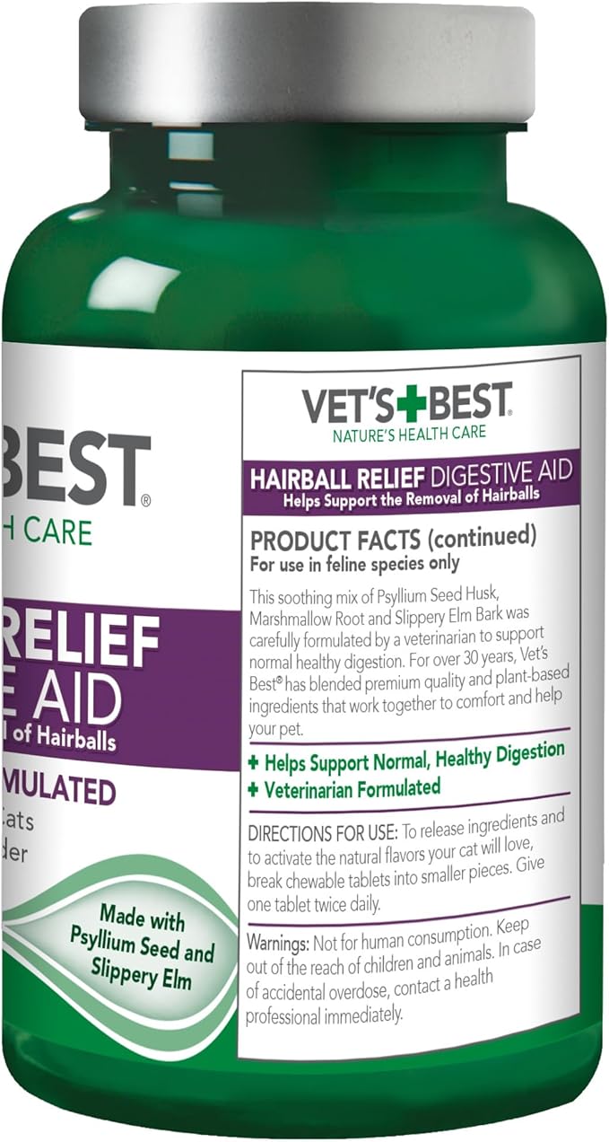 Vet’s Best Cat Hairball Relief Digestive Aid, Vet Formulated Hairball Support Remedy, Hairball Relief for Cats, Classic Chicken Flavor, 60 Chewable Tablets-Mewly Pet