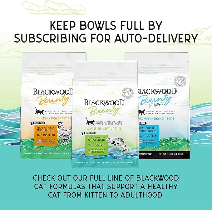 Blackwood Bounty Dry Cat Food, Whitefish & Lentil Recipe for All Life Stages, 10 Pound Bag, High Protein, Grain Free-Mewly Pet