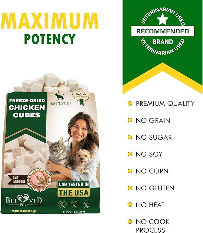 Beloved Pets Dog & Cat Treats Freeze Dried Chicken Cubes 5.3 oz - All Natural Meat Raw Pet Food - Human Grade High-Protein Snacks & Grain-Free Jerky Chews for Cats and Small Dogs-Mewly Pet