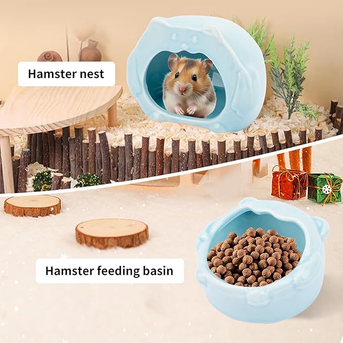 Bear-Shaped Hamster Hideout & Food Bowl Set - Ceramic Habitat for Syrian Dwarf Hamsters, Mice, Gerbils - All-Season Use, Chew-Proof Ceramic House and Feeding Dish for Small Pets(Blue)-Mewly Pet