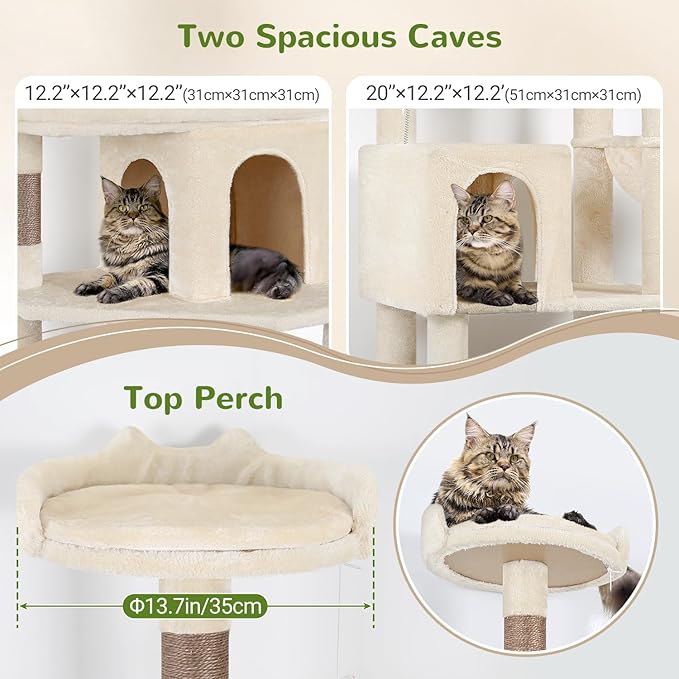 Globlazer Heavy Duty Cat Trees for Large Cats, Sturdy 72in Maine Coon Cat Tree for Large Cat 20 lbs+ Heavy Duty Cat Tower for Adult Biggest Cats with 6 Scratching Posts, Hammock, S72, Beige-Mewly Pet