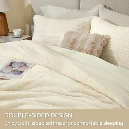 BEDELITE Fleece Queen Comforter Set -Super Soft & Warm Fluffy Cream White Faux Fur Bedding, Luxury Fuzzy Heavy Bed Set for Winter with 2 Pillow Cases
