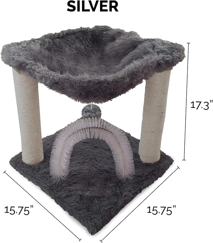 Furhaven 15.75" Tall Playground for Indoor Cats, Ft. Sisal Scratching Posts, Self-Grooming Brush, & Toy - Tiger Tough Hammock Interactive Playground - Silver, One Size-Mewly Pet