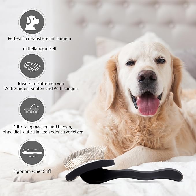 Dog Slicker Brush for Shedding and Grooming Medium or Long Haired Cats, Extra Long & Soft Pin Slicker Brush for Removes Loose Hair, Tangles, Knots, Undercoat, Free Pet Comb, Large Black-Mewly Pet