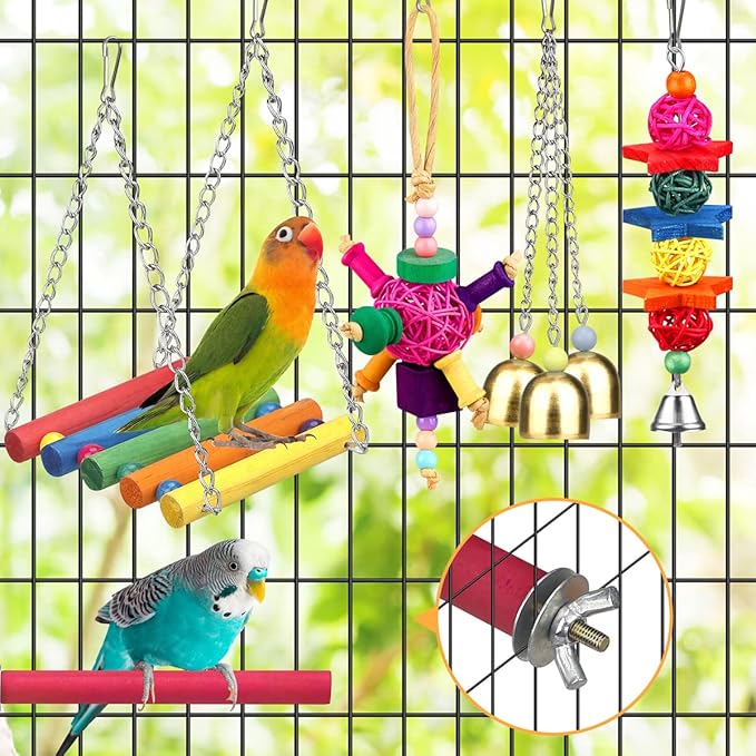 Bird Toys for Conures with Colorful Ladder Hammock Bird Cage Accerious Bird Perch Stand Chewing Toys Hanging Bell for Parrot Parakeet Cockatiel Lovebirds-Mewly Pet