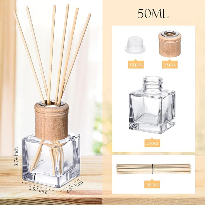 Roshtia 10 Set Reed Diffuser Bottle Empty Refillable Fragrance Glass Diffuser Bottles with Wooden Caps Rattan Sticks 50ml 1.7 oz Square Glass Jars for DIY Fragrance