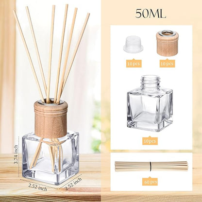 Roshtia 10 Set Reed Diffuser Bottle Empty Refillable Fragrance Glass Diffuser Bottles with Wooden Caps Rattan Sticks 50ml 1.7 oz Square Glass Jars for DIY Fragrance