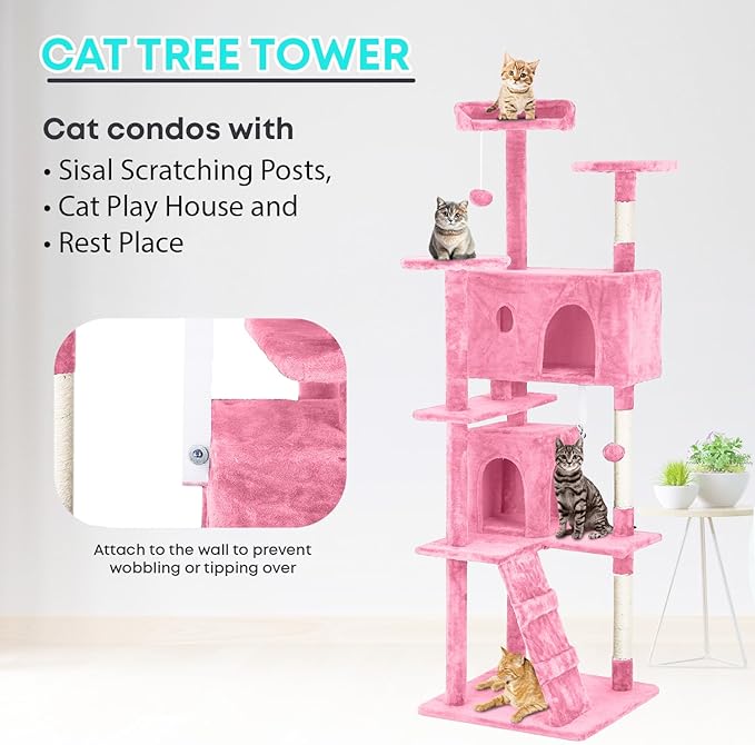 FDW Cat Tree 70in Cat Tower Multi-Level Durable Cat Scratching Post & Cozy Fun Cat Jumping Platform Space Saving Cat Condo Pet Play House for Indoor Cats,Pink-Mewly Pet