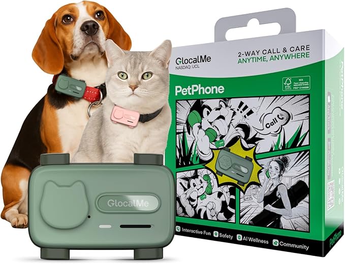 GlocalMe PetPhone for Dog and Cat, Support Play Music and Two-Way Call, Pet Community and AI Health Alerts, Real Time Tracking and Virtual Fence, Unlimited Range Pet GPS Tracker (Green)-Mewly Pet