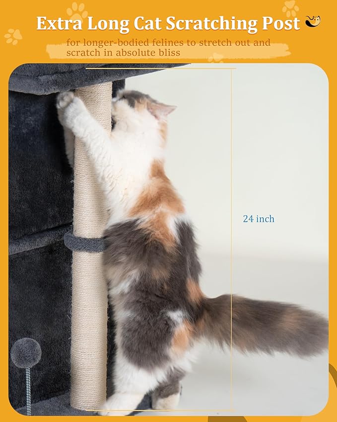 24in Cat Tree Tower with Scratching Post, 19 * 16.5in Window Perch for Large Cats, 2 Cat Condo Cubbies for Indoor Kittens, Dark Gray-Mewly Pet