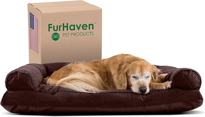 Furhaven Pillow Dog Bed for Large Dogs w/ Removable Bolsters & Washable Cover - Quilted Sofa - Coffee, Jumbo/XL-Mewly Pet