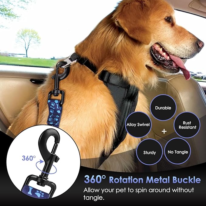 SlowTon Dog Seat Belt, Adjustable Dog Safety Belt Leash, 2 in 1 Latch Bar Attachment Dogs Car Seatbelt with Elastic Nylon Bungee Buffer, Reflective Nylon Belt Tether (BL,35.5in)-Mewly Pet