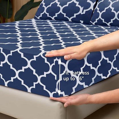 Mejoroom Full Bed Sheet Set - Super Soft Brushed Microfiber 1800 Thread Count Full Sheets with 16 inch Deep Pocket - Wrinkle Free - 4 Piece(Navy Quatrefoil with White Pattern)