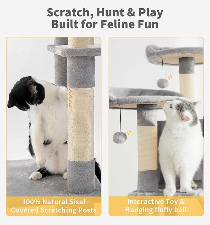Made4Pets Tall Cat Tree, 80" Cat Tree Tower for Indoor Cats Large Adult, Modern Cat Tower with Scratching Post, Cozy Hammock, 3 Perches and 2 Condos, Sturdy and Fluffy, Light Gray-Mewly Pet
