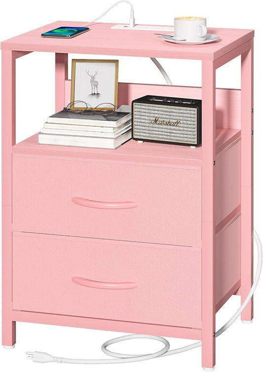 Yoobure Nightstand with Charging Station, Small Night Stand with Fabric Drawers and Storage Shelf for Bedrooms, Nightstands for Small Spaces, Bedside Table with USB Ports & Outlets Bed Side Table