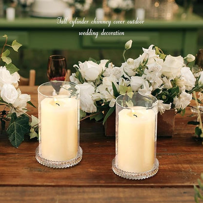 Hurricane Glass Candle Holders Set of 2, Serrated Round Candle Stand for Pillar Candles Modern CandleHolders Cylinder Chimney Cover for Outdoor Wedding Decor Parties & Table Centerpieces