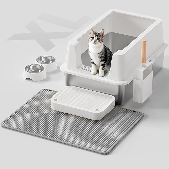 Stainless Steel Cat Litter Box - Enclosed XL Metal Kitty Litter Box with Lid for Big Cats, High Sided, Anti-Leakage, Easy Cleaning, Non-Sticky, Included Litter Mat, Cat Bowl & Spoon-Mewly Pet