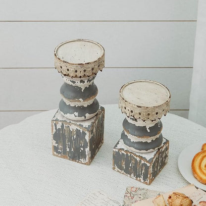 NIKKY HOME Farmhouse Pillar Candle Holder Set of 2 - Rustic Wood Decorative Candlesticks Pedestal, Centerpieces Decor for Fireplace Mantle Coffee Bar Dining Table, Distressed Grey