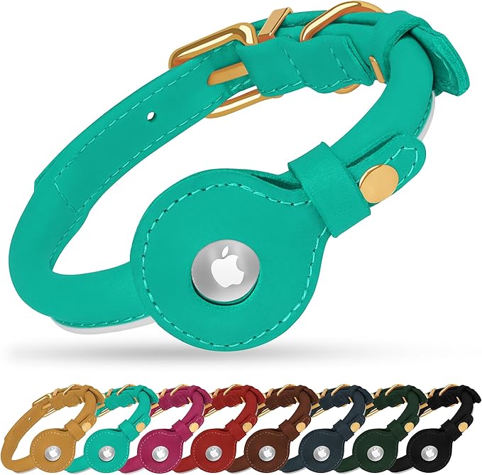 OOPSDOGGY Rolled Leather Dog Collar with Airtag Holder - Reflective Round Airtag Dog Collar - Soft Tracking Pet Collar for Small Dogs Puppy Cats Kitten (Teal, S, 10"-13")-Mewly Pet