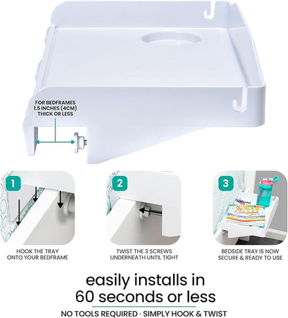 Modern Innovations 2 Count Bedside Organizer for Bed – Clip On Tray with Cup & Cord Holder – for College Dorm, Top Bunk, or Kids Bedroom (White)