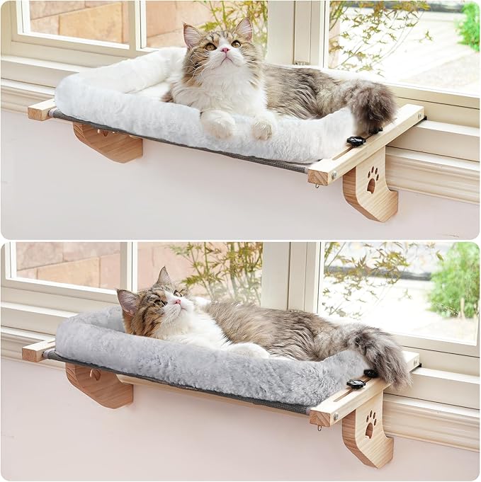 AMOSIJOY Cat Sill Window Perch Sturdy Hammock Window Seat with Cushion Cover, Wood & Metal Frame for Large Cats, Easy to Adjust Cat Bed for Windowsill, Bedside, Drawer and Cabinet (L)-Mewly Pet