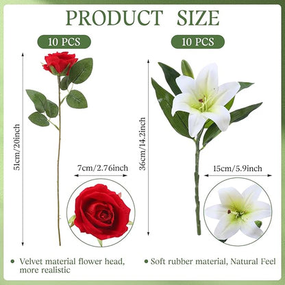Hotop 20 Pcs Artificial Flowers Velvet Realistic Roses and Latex Lilies Flowers Bouquet Decorations Arrangements for Home Table Centerpieces Independence Day(White, Red)
