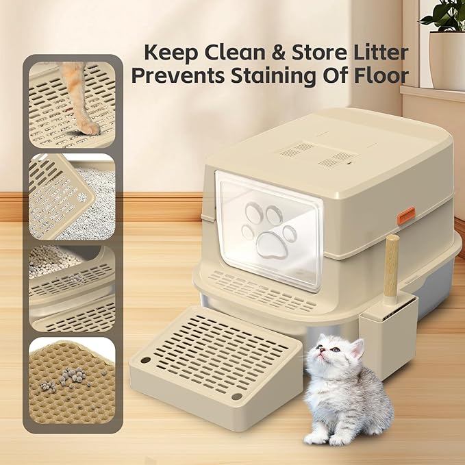 Stainless Steel Cat Litter Box with Lid, 3 in 1 Removable Litter Box for Big/Multiple Cats, High Sides Kitty Litter Pan, Leak-Proof XL Extra Large Enclosed Metal Litter Pan Easy Clean with Scoop & Mat-Mewly Pet