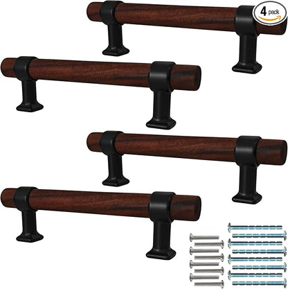 4Pcs 5.35” Walnut Wood Drawer Pulls, 96mm/3.78" Hole Center, Kitchen Cabinet Hardware Handles, Metal and Wooden Cabinet Knobs, T Bar Knob Pull Handles for Wardrobe, Dresser, Cupboard