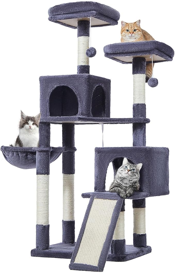Taoqimiao 56.3-Inch Cat Tree, Cat Tower with Scratching Posts, Cat Tree House for Indoor Cats with hammocks, Toys, Condo and Large Scratch Board, Smoky Gray MS012G-Mewly Pet