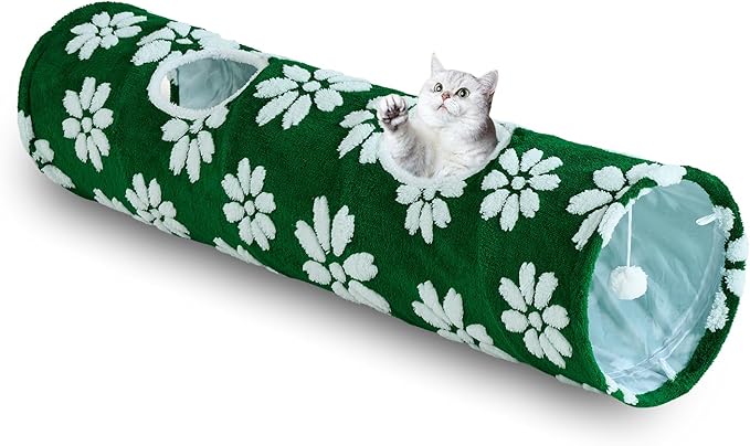 Straight Cat Tunnel for Indoor Cats 47"x12", Cute Cat Toys Collapsible Tunnel Tube with Balls for Puppy Kitten Rabbit, Green Flower-Mewly Pet