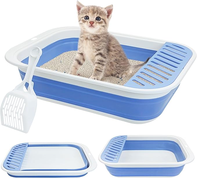 Fhiny Cat Litter Box Portable Shallow Litter Box 17.7"x13.4"x4.9" Foldable Cat Toilet with Scoop Open Kitty Potty Pan with Litter Drop Pedal Easy to Clean Travel Kitten Toilet(Blue)-Mewly Pet