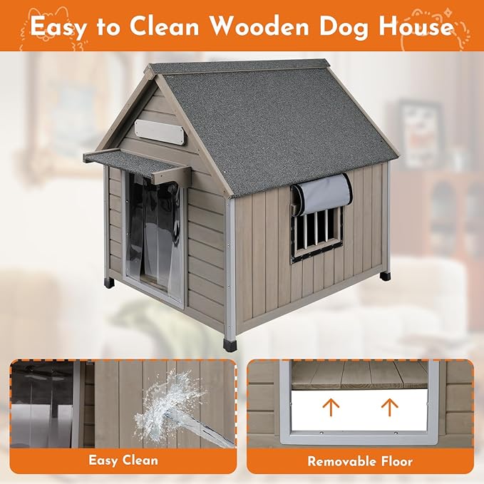 Outdoor Dog House Weatherproof Large Wooden Dog Kennel Indoor for Small Dogs with Chew-Proof Frame, Oxford Fabric Window, Removable Floor Pet Shelter (Grey, 30.5" D x 37.4" W x 39.3" H)-Mewly Pet